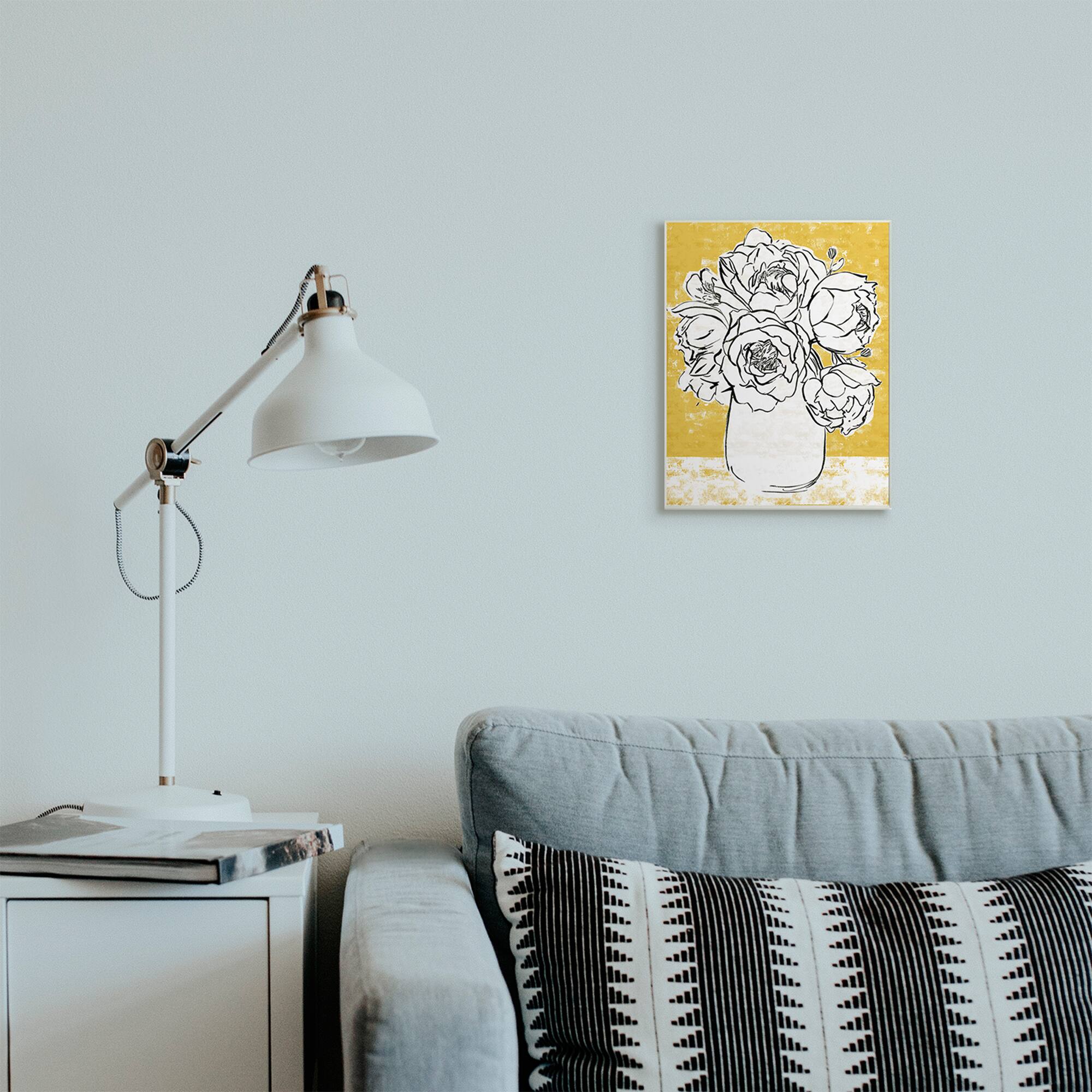 Stupell Industries Peony Sketch Bouquet Contrasted Distressed Yellow Wood Wall Plaque